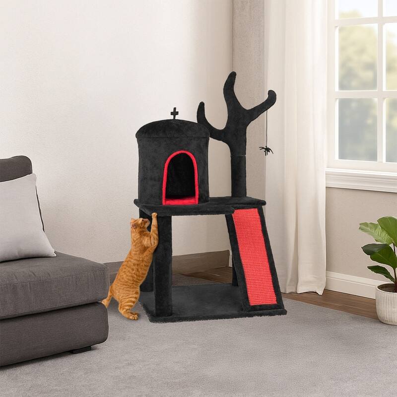 42" Gothic Cat Tree, Halloween Cat Tower Cat Tree with Spacious Cat Condo