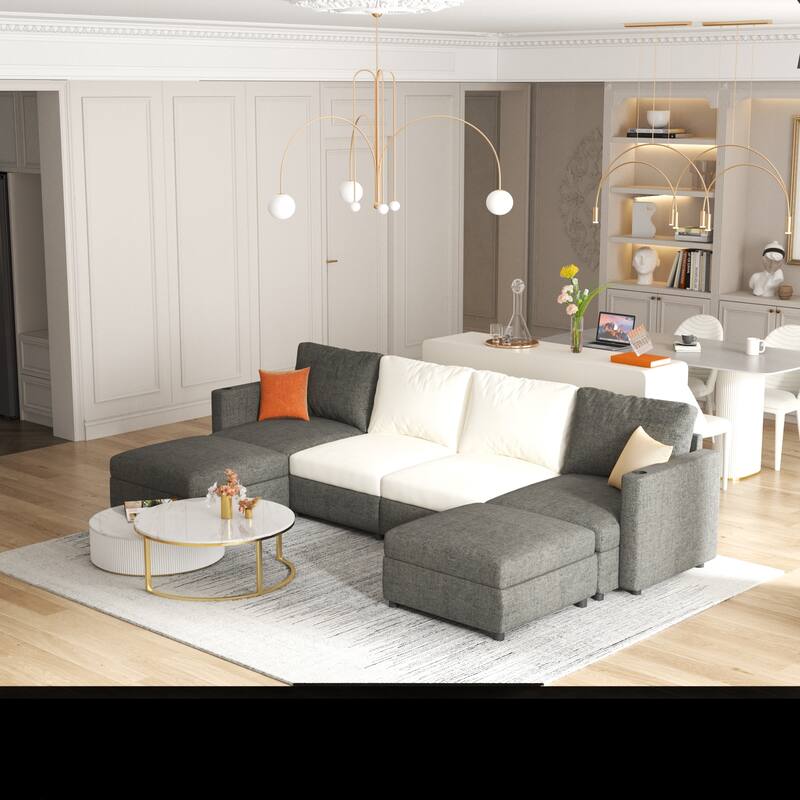 Oversized Sectional Sofa Set, Convertible L Shaped Couch Sofa Bed with Storage, 6 Seater Modular Sofa with Ottomans and Chaise