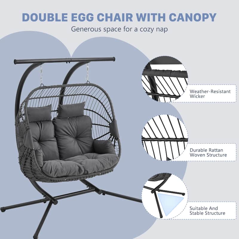 Double Egg Chair with Stand/Adjustable Canopy Patio Hammock Chair Hanging Swing Wicker Rattan Basket for Outdoor Balcony Garden
