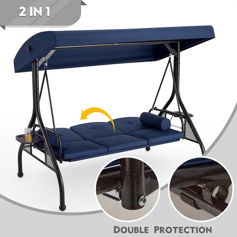 Outdoor 3-Seat Porch Swing with Adjustable Canopy & Cup Holder,Porch Swing Glider Chair, Heavy-Duty Steel Frame