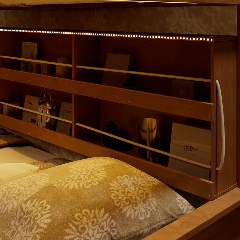 Kids Bunk Bed Frame with Integrated Shelving, Light Strip and Pegboard, Convertible into Floor Platform Bed and Low Loft Bed