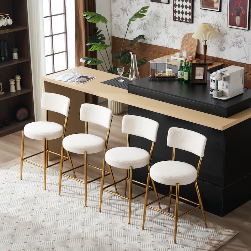 Set of 2 Modern Teddy Fabric Upholstered Bar Stools, Metal Base High Stool Suitable for Kitchen, Dining and Living Room