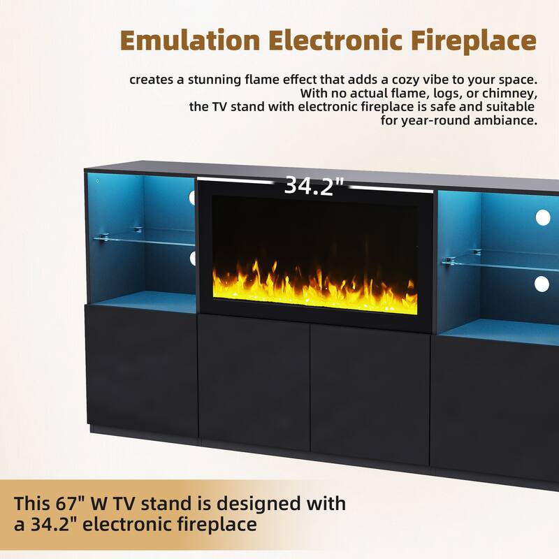 LED High Gloss TV Stand Display Cabinet Set with Glass Shelves, 111" TV Media Storage Console with Electric Fireplace
