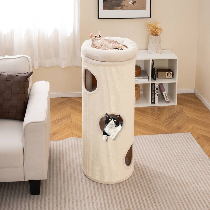 White Natural Plush Cat Tower with Sisal Scratching Board and Removable Perch - 16" L x 16" W x 49" H
