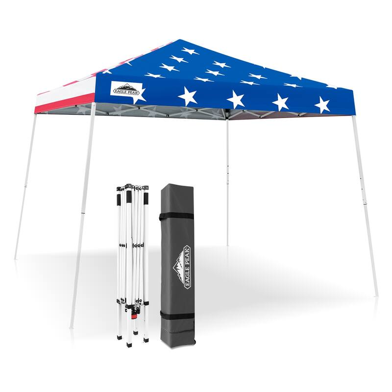 EAGLE PEAK 10x10 Slant Leg Pop-up Canopy Tent Outdoor Beach Canopy Folding Portable Shelter 10x10 Base 8x8 Top (Blue) - American Flag
