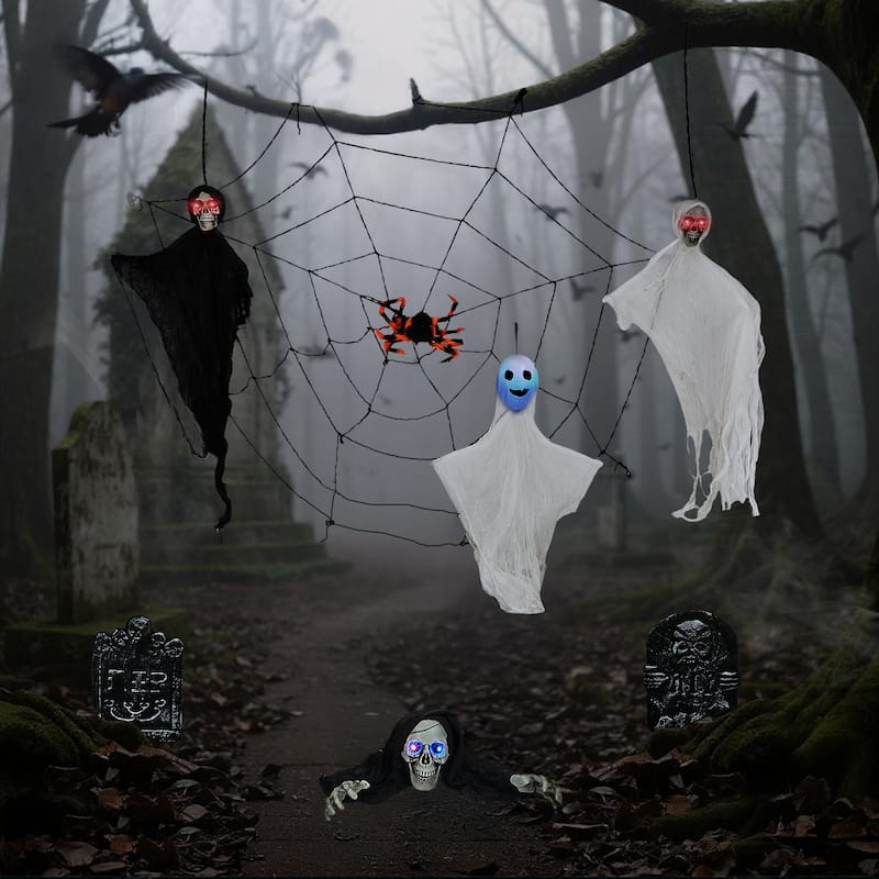8-Piece Halloween Decorations Set with LED Eyes Ghosts Gravestones Skeleton and Giant Cobweb