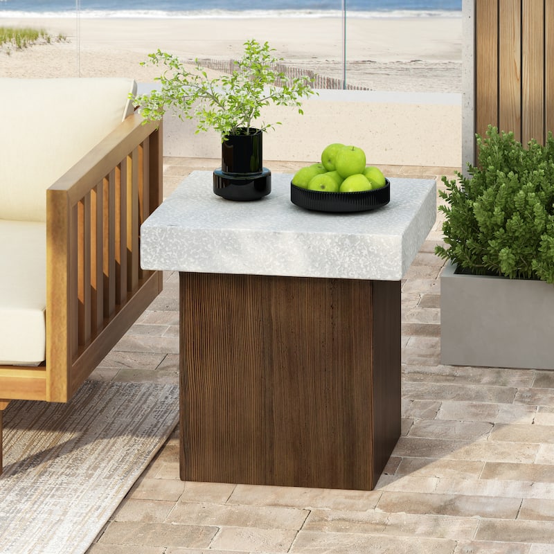 Unique Square Side Table with Antique White Faux Stone Textured Top and Brown Faux Wood Textured Base for Indoor and Outdoor - Antique White
