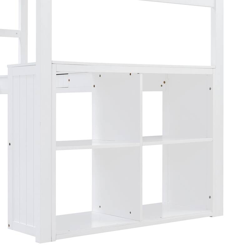 Roomfitters Twin Size Wooden Loft Bed with Desk, Cabinet, Shelves and Storage Drawers, White