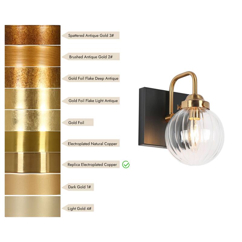 Modern Black Gold 1-Light Ribbed Globe Glass Wall Sconce Classic Vintage Design for Bathroom Vanity Lights