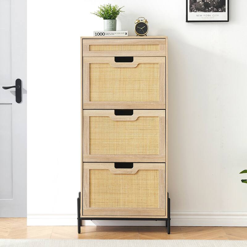 Rattan Storage Cabinet with 3 Flip Drawers
