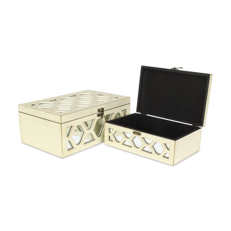 HomeRoots Set of Two White Mirrored Glass And Solid Wood Box With Lid