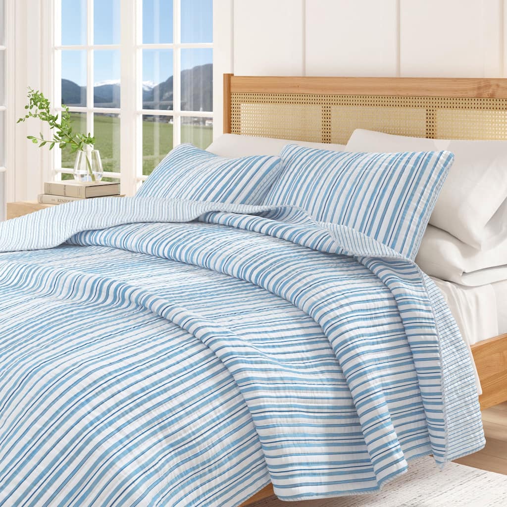 Linery & Co. Blue Striped Quilt Set with Shams