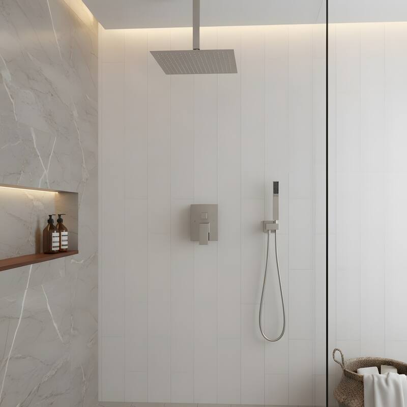 Ceiling-Mounted Square Shower System and Handheld Showerhead Set - Brushed Nickel