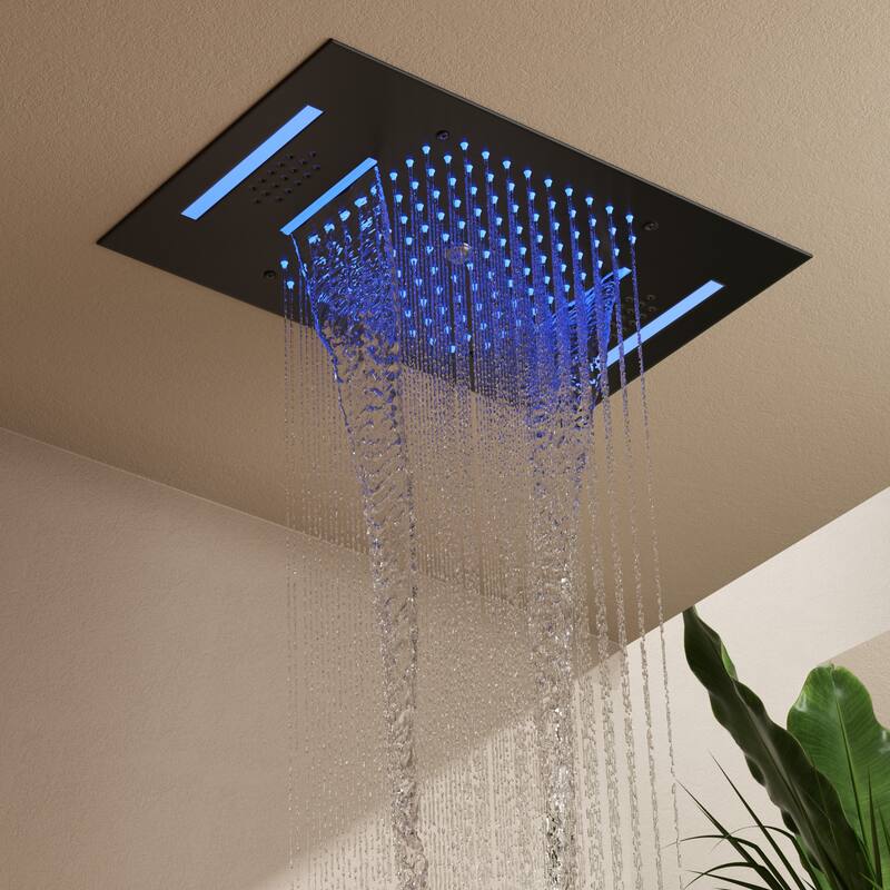 GRANDJOY Dual Shower Heads System with 3 Spray Modes 22"*15" Ceiling and 6" Wall Mount Body Jets Handheld Spray LED Music