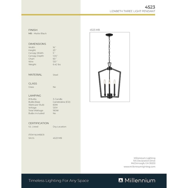 Millennium Lighting Lizabeth 3 Light Pendant Fixture in Matte Black