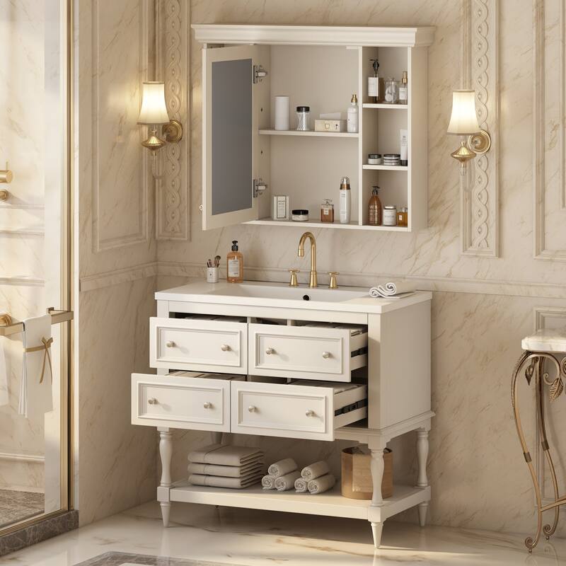 36 inch MDF Freestanding Bathroom Vanity Set with Integrated Resin Sink with Mirror cabinet