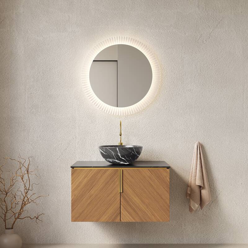 GDFStudio - Arai Modern 30" Floating Bathroom Vanity with Black Sintered Stone Countertop, Ceramic Basin & Double Doors - Brown Oak Cabinet - Black Bowl Ceramic Basin