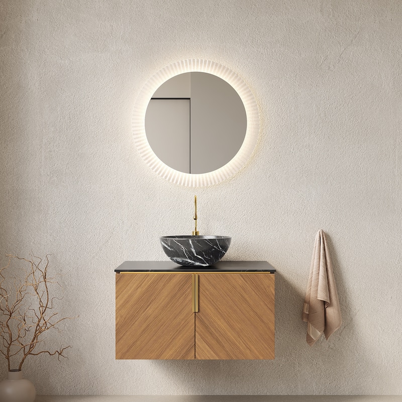 Wall-mounted Bathroom Vanity with Sink, Floating Storage Cabinet with Black Bowl Ceramic Basin and Sintered Stone Countertop - Espresso - 30 Inch