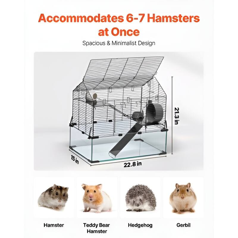 Tempered Glass Hamster Cage with 360 degree View, Metal Mesh Top & Easy Clean Design - 22.8 x 15 x 21.3 inches