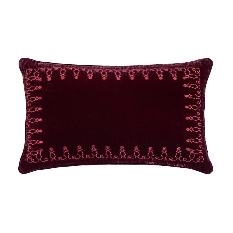 HiEnd Accents Stella Faux Silk Velvet Romantic Western Embroidered Decorative Throw Lumbar Pillow, 14"x24" - Garnet Red