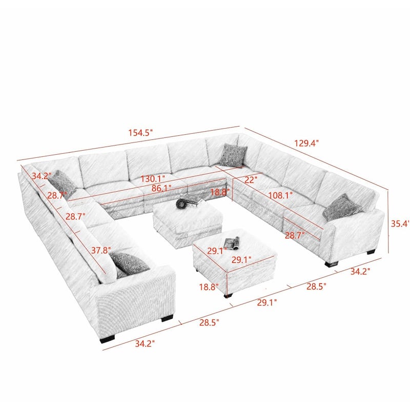 13 PC Modular Corduroy Sectional With Ottoman