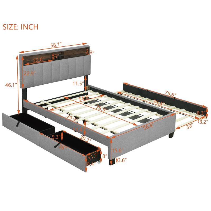 Full Size Upholstered Storage Bed with USB Ports, Twin Trundle & Drawers, Gray Linen Fabric