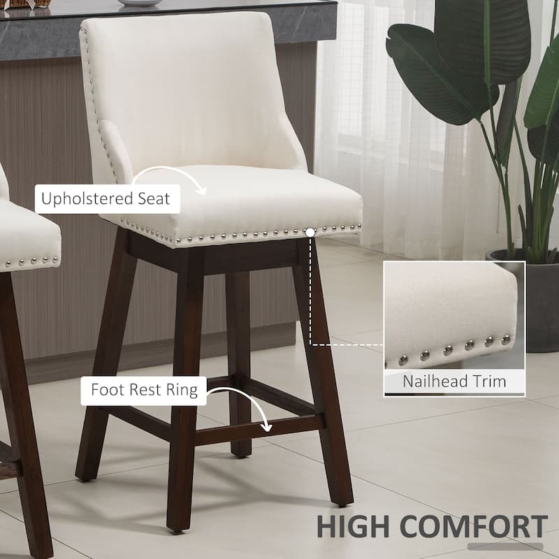 HOMCOM 28" Swivel Counter Height Bar Stools with Backs, Upholstered Dining Room and Kitchen Bar Stools Set of 2 with Wood Legs