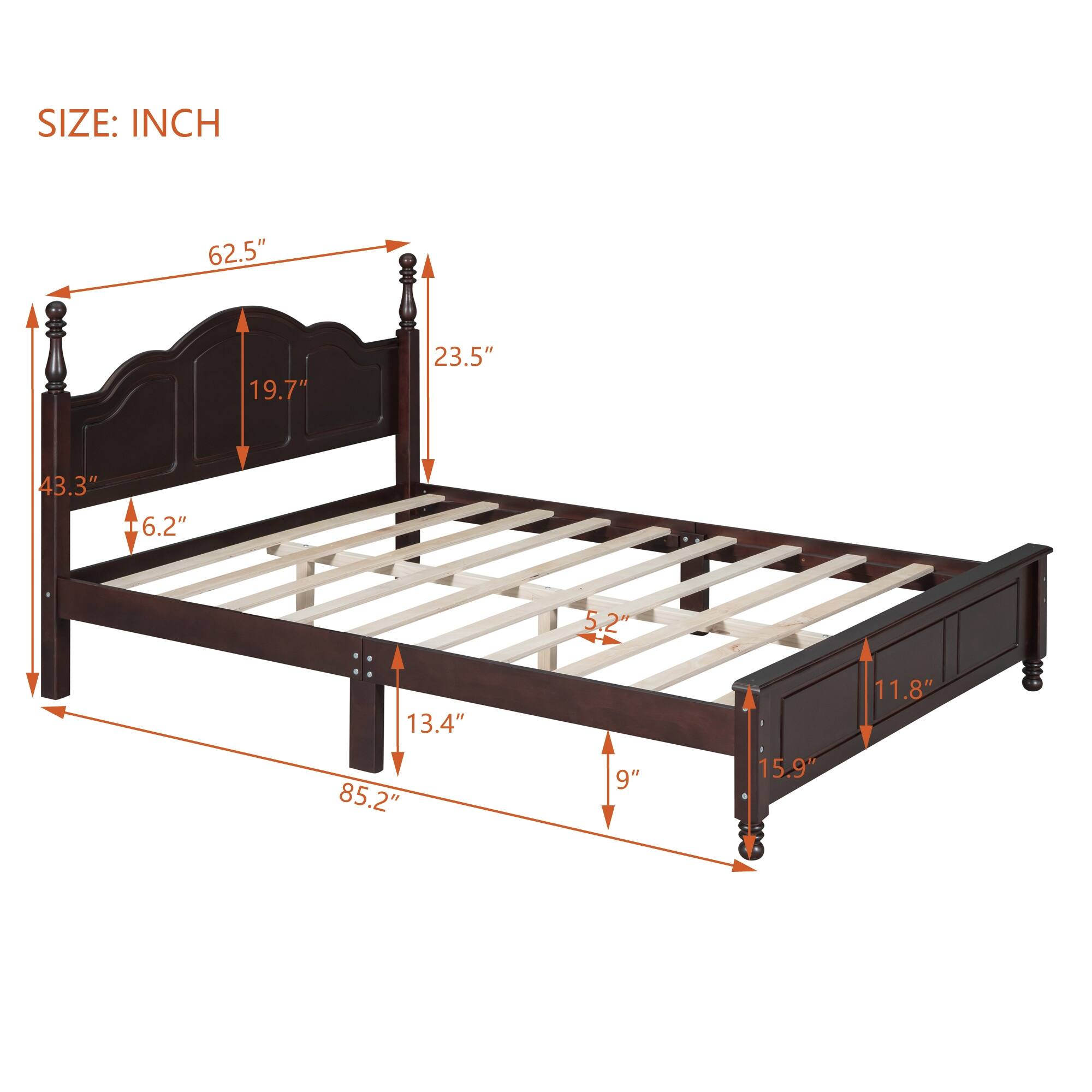 Walnut Retro Style Queen Size Platform Bed, Wood Platform Bed Frame ...