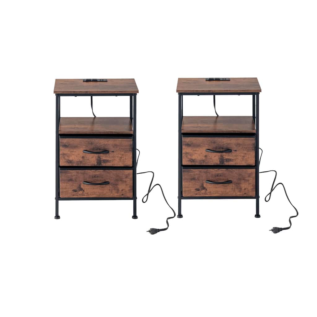 Homy Casa Industrial Nightstands Drawers, USB, Power Outlet Vintage