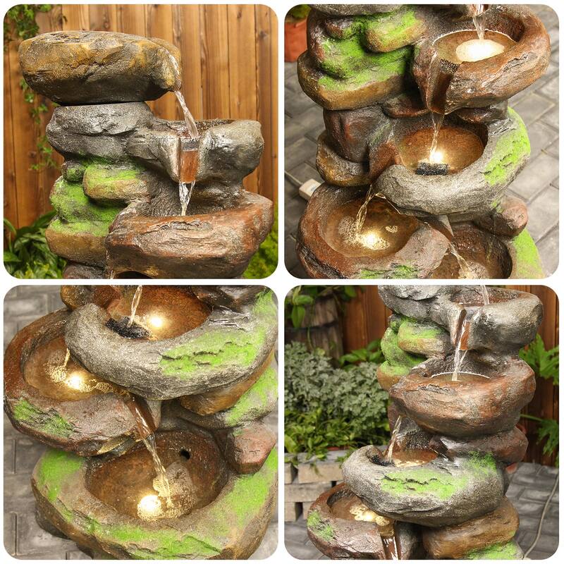 6-Tier Rock Water Fountain with Cascading Water and LED Lights for Garden and Patio