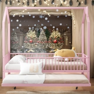 Pink House-Shaped Full Size Platform Bed with Fence and Twin Size Trundle