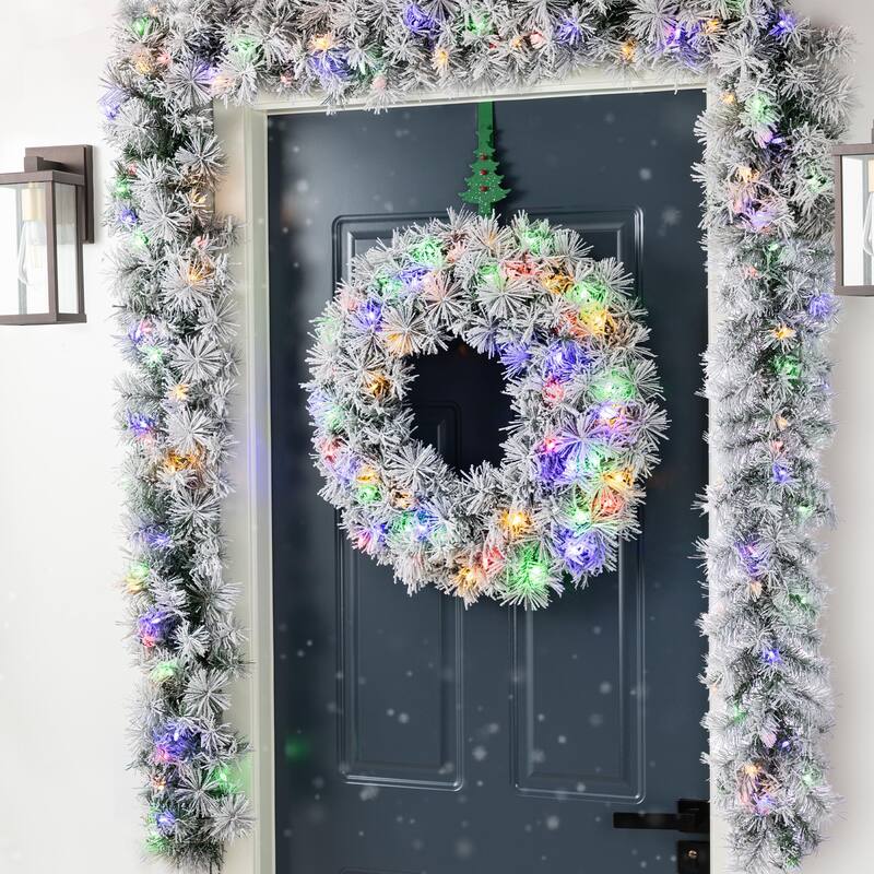 Glitzhome Pre-Lit Snow Flocked White/Greenery Pine Garland & Wreath & Teardrop