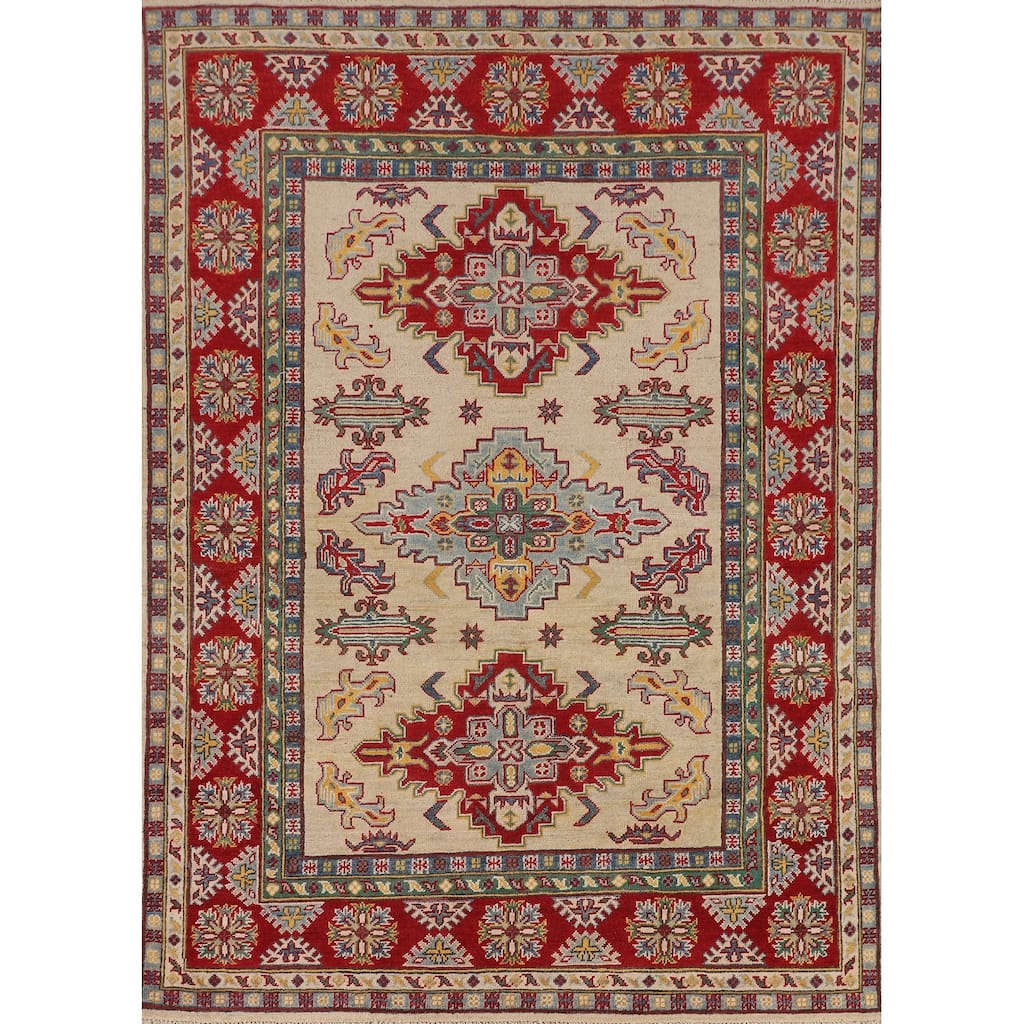 Traditional Beige Kazak Oriental Area Rug Handmade Wool Carpet - 5'2" x 6'10"