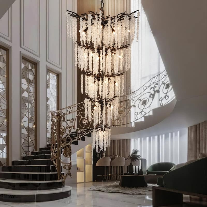 KAYLA 28-Lights Crystal Staircase Chandelier, Indoor Pendant Light, 118'' Modern High Ceiling Light, Height Adjustable - N/A