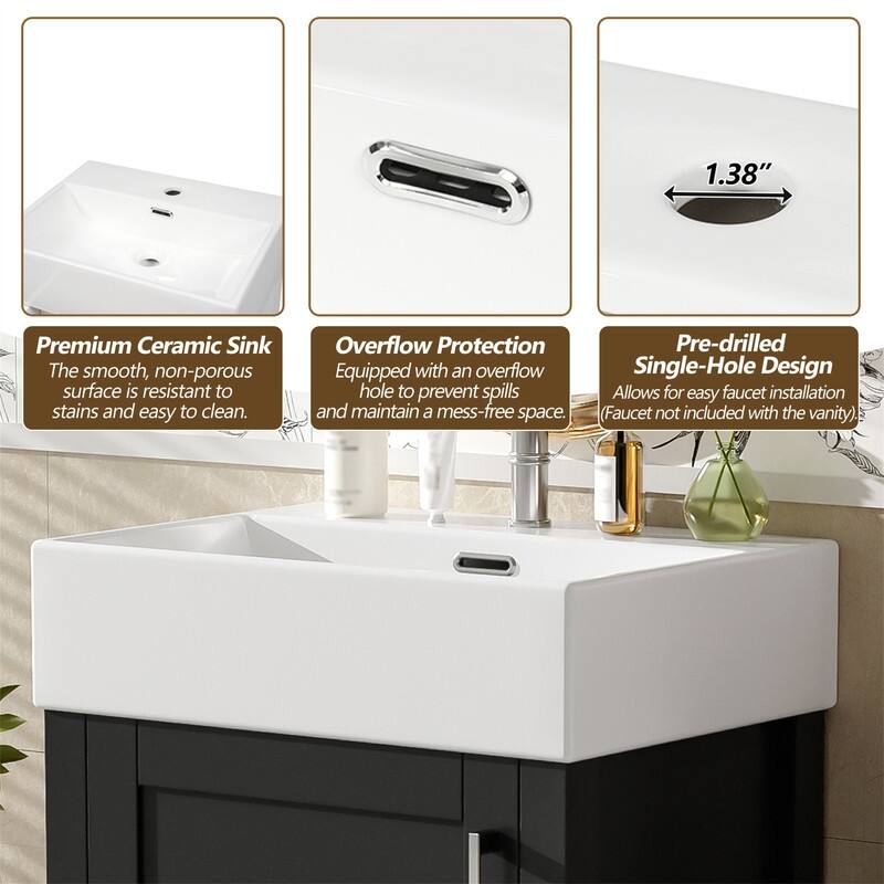 20'' Bathroom Vanity with Ceramic Sink Top, Freestanding Bathroom Vanity Cabinet with 1 Soft Close Door and 1 Storage Drawer