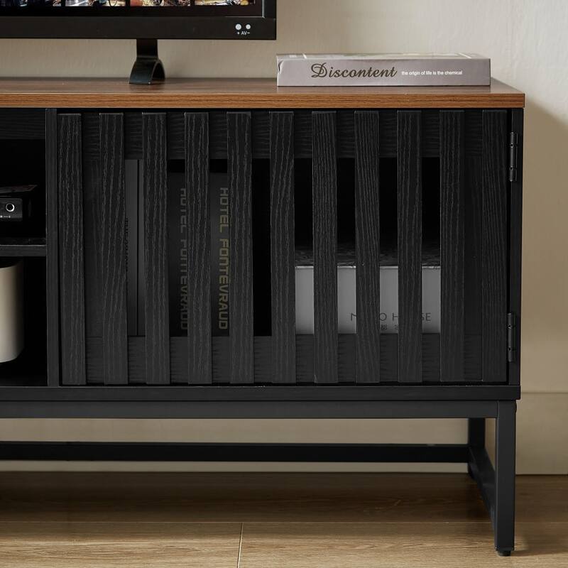 ​Modern Grille TV Stand with 2 Storage Cabinets and Rectangular Legs for Living Room Dining Media Spaces​
