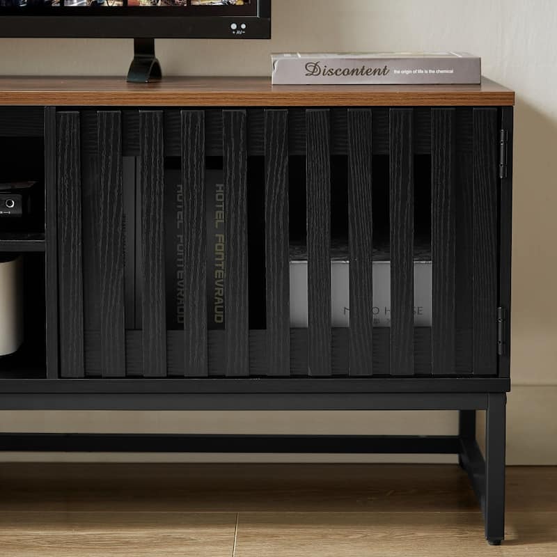 63" TV Stand with Slatted Grille Striped Doors and Storage Shelves for TVs Up to 60"