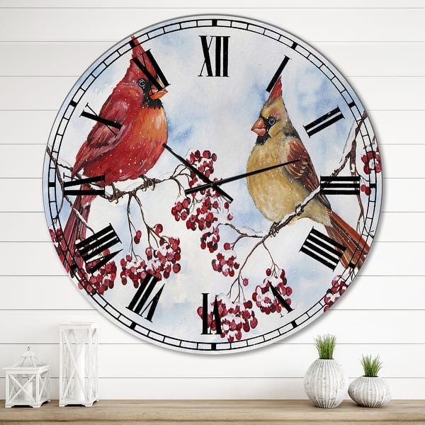 slide 1 of 8, Designart 'Two Cardinals And Snowy Winter Berries' Oversized Cottage Wall Clock 36 in. wide x 36 in. high