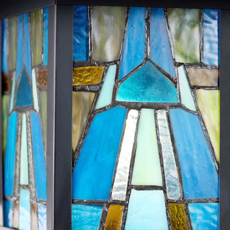 River of Goods Aqua Stained Glass and Black 1-Light Outdoor Lantern Wall Sconce - Aqua/Blue