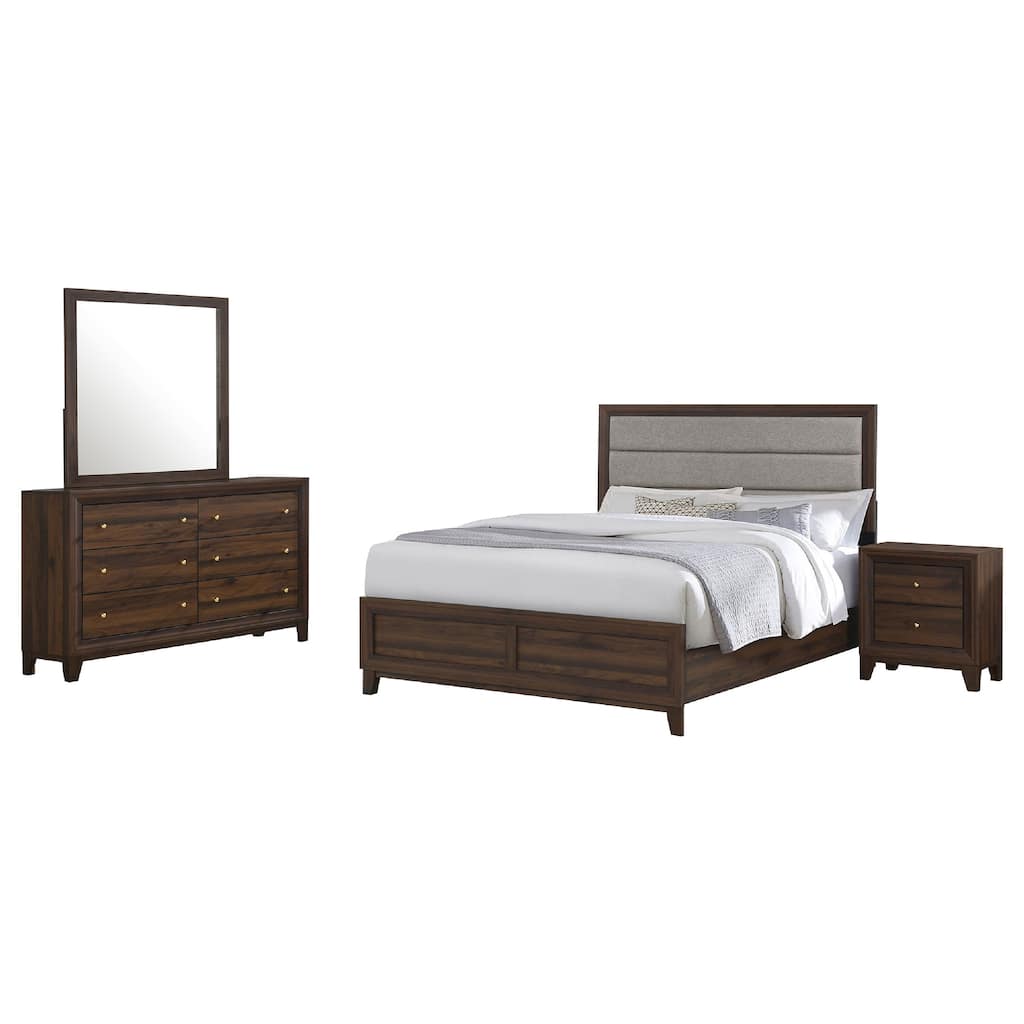 Yels 4 Piece King Bedroom Set, Gray Upholstery, Walnut Brown Wood