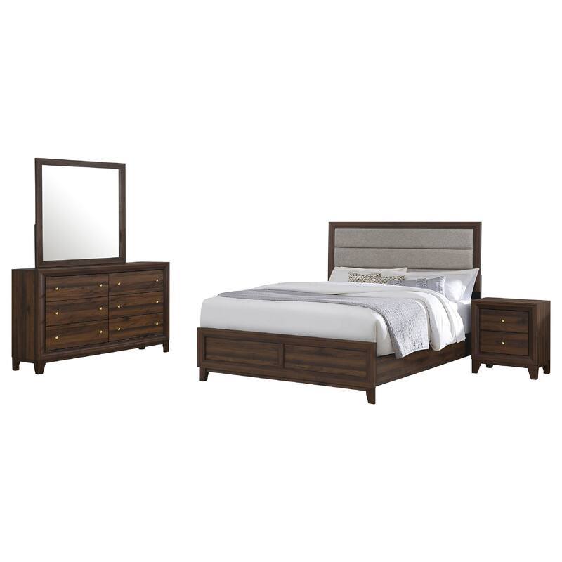 Yels 4 Piece Queen Bedroom Set, Gray Upholstery, Walnut Brown Wood