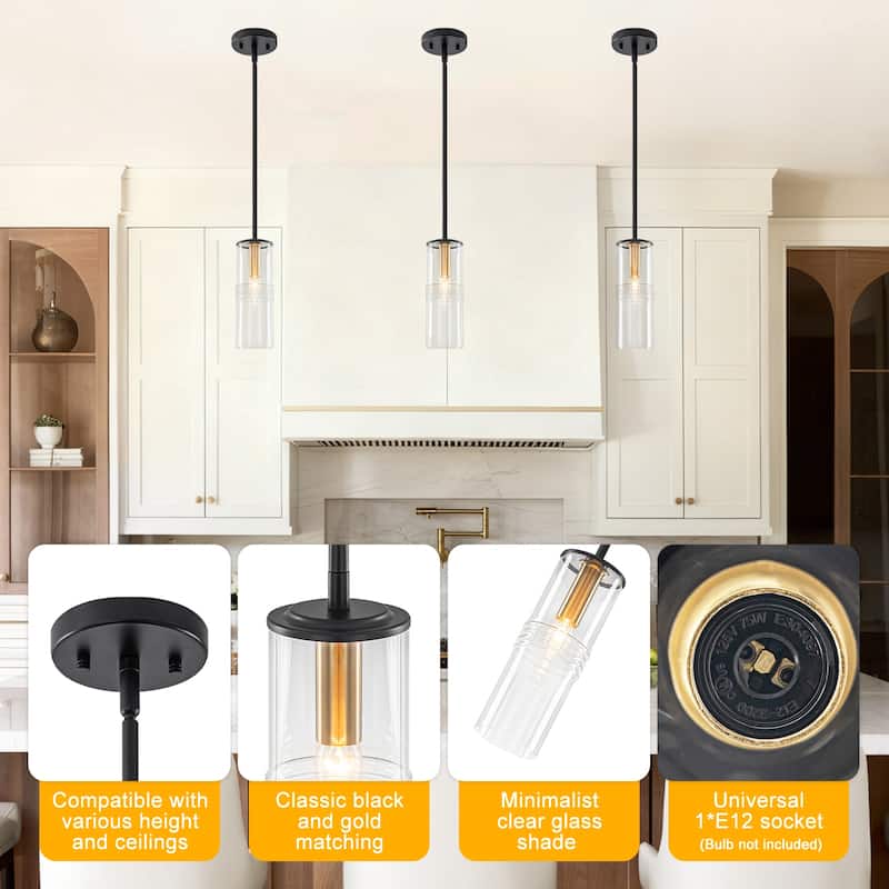 Industrial Black Mini Pendant Light Clear Cylindrical Glass Shade - Dia.3.54-in