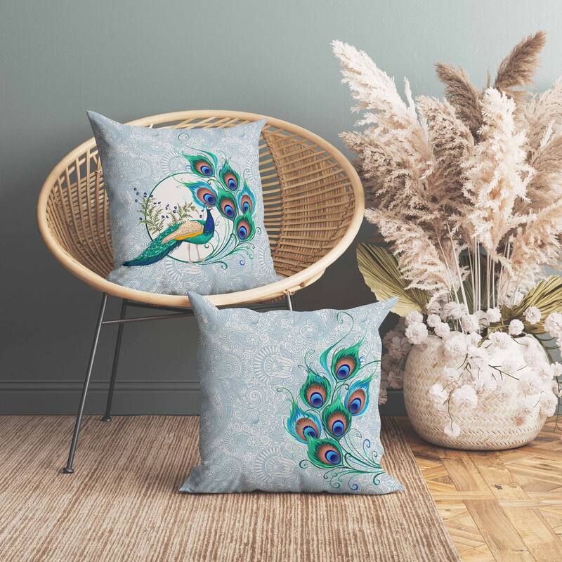 Paisley Peacock Dreams Indoor/Outdoor Reversible Throw Pillow Skyblue and Ivory