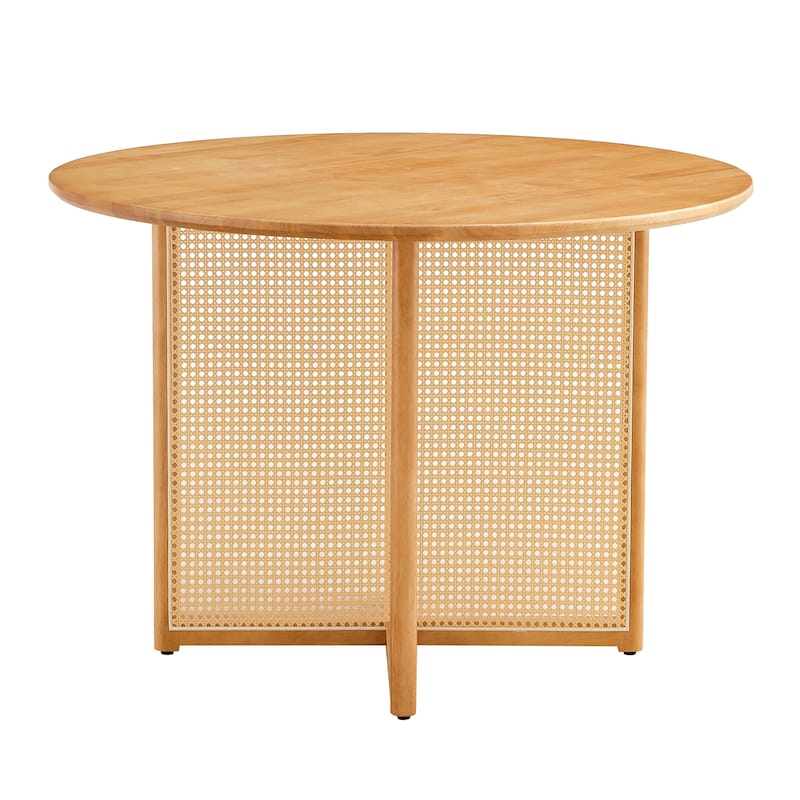 Roomfitters Solid Wood Round Table with Rattan Detailing, Retro Dining or Writing Desk for Home or Office