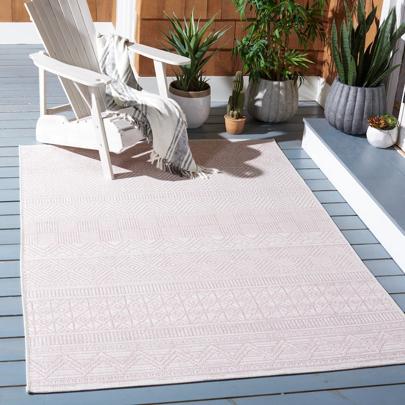 SAFAVIEH Courtyard Zorana Indoor/ Outdoor Waterproof Patio Backyard Rug - 6'7" x 9'6" - Ivory/Pink