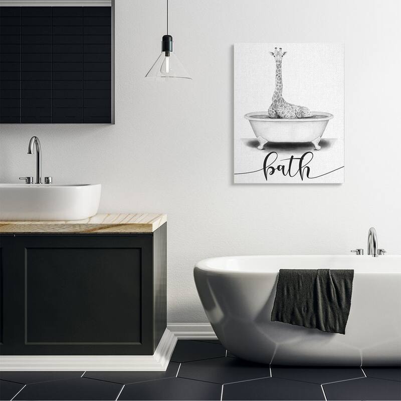 Stupell Giraffe in Bath Sketch Bathroom Cleanliness Sign Canvas Wall Art - Grey