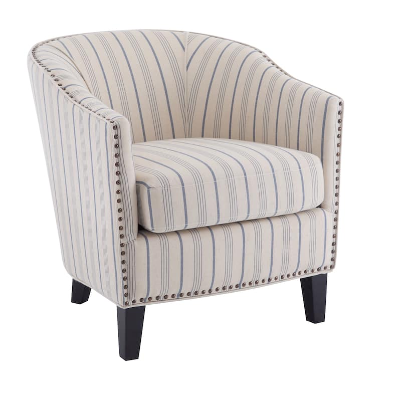 Roomfitters Striped Barrel Accent Chair with Nailhead Trim and Cushioned Seat, Upholstered Armchair, Beige, Blue Stripe