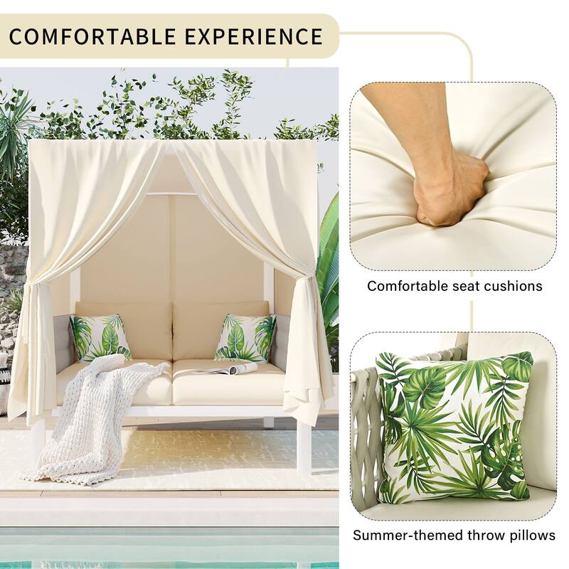 Outdoor Double Daybed Iron Patio Sunbed with Curtains and Removable Cushions