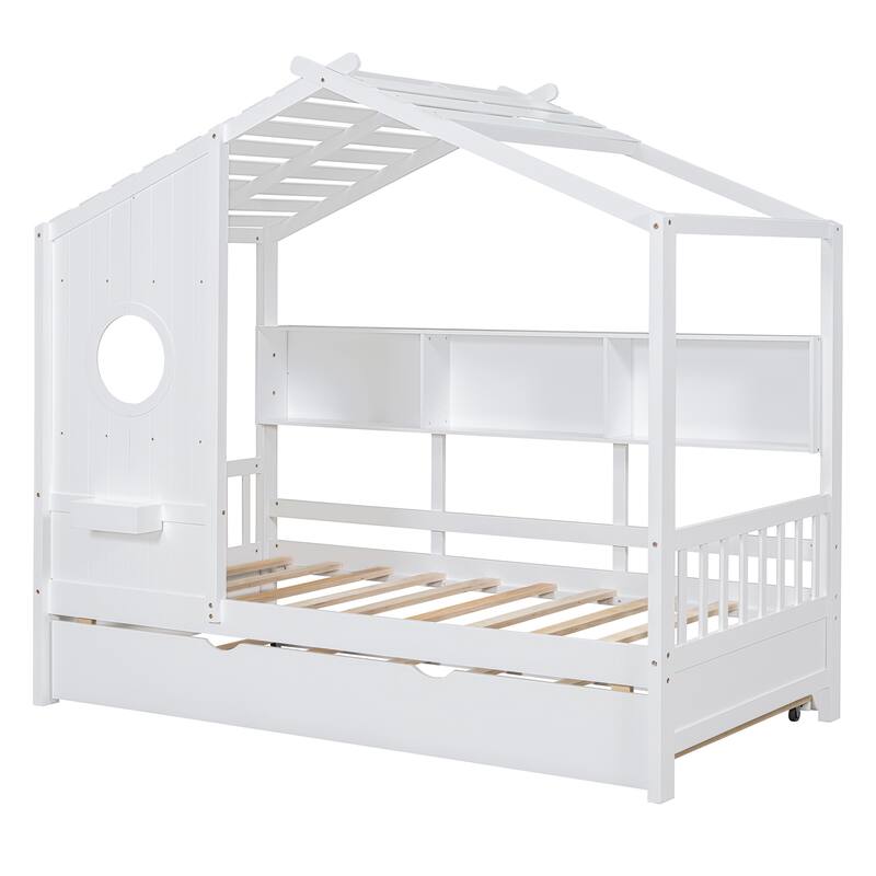 Modern Twin House Bed with Trundle and Built-in Shelves, White