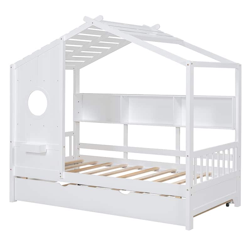 Wooden Twin Size House Bed with Trundle and Storage Shelves for Kids